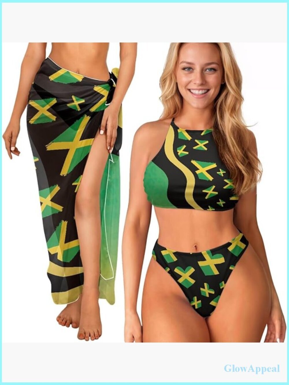 High Neck Bikini Set with Sheer Cover Up Sarong Swimsuit 3 Piece